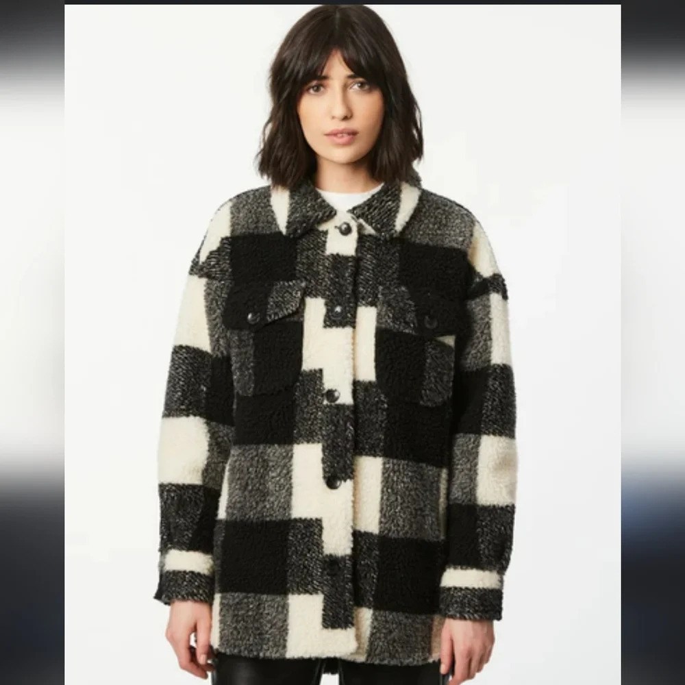 Bernardo Black & White Fleece Plaid Jacket Pockets Button Closure Woman's Size L